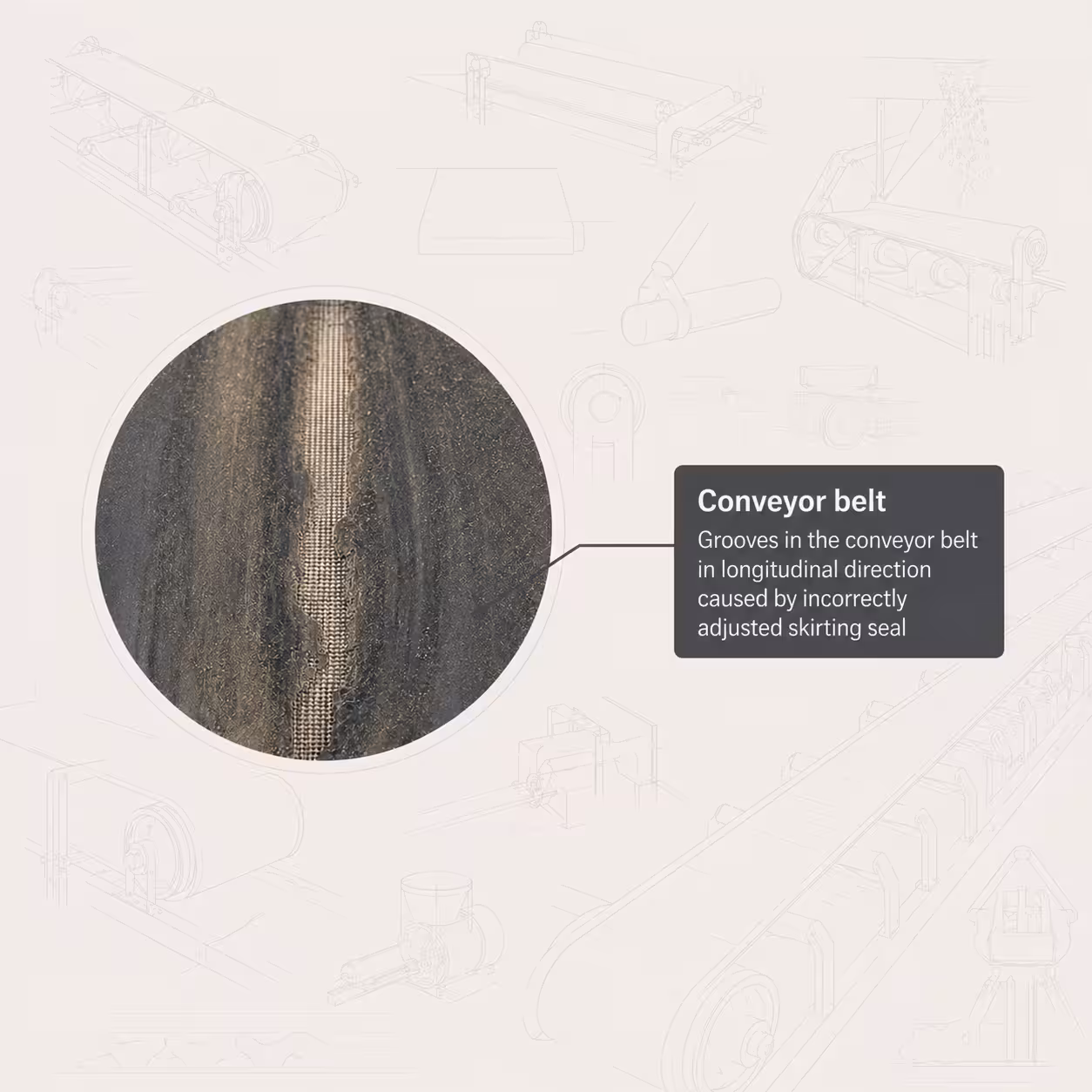 Grooves running with the belt: fine material has wedged itself under a loose skirt strip and has been grinding the same track for weeks. (AI-generated image)